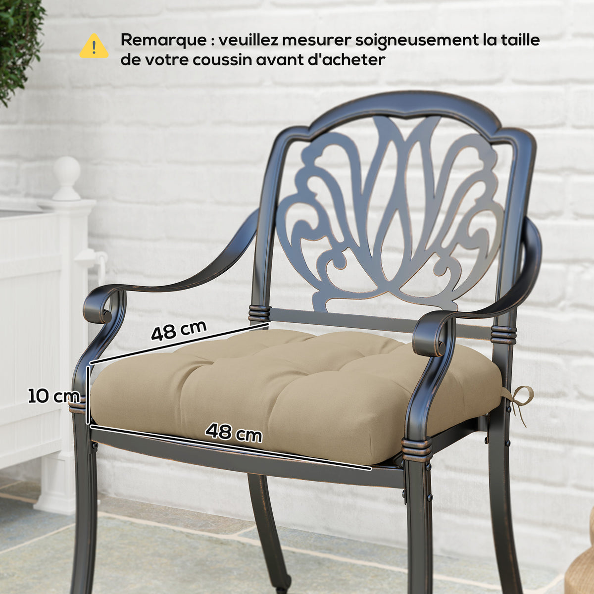 Lot de 4 coussins de chaise de jardin, coussins extérieurs capitonné, rembourrage 10 cm avec attaches, 48 x 48 cm kaki-2