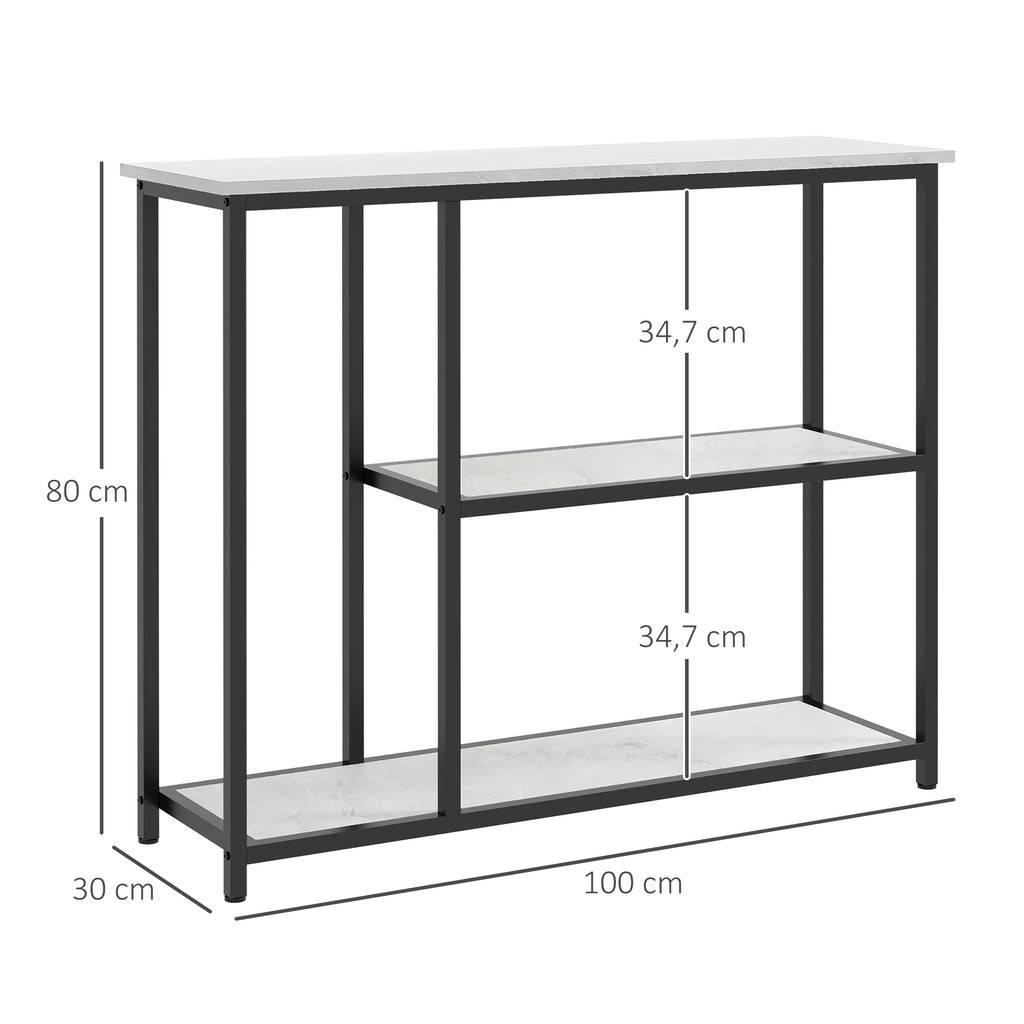 Console meuble 100 cm, table console 3 niveaux, plateaux en effet marbre, cadre en acier, blanc-2