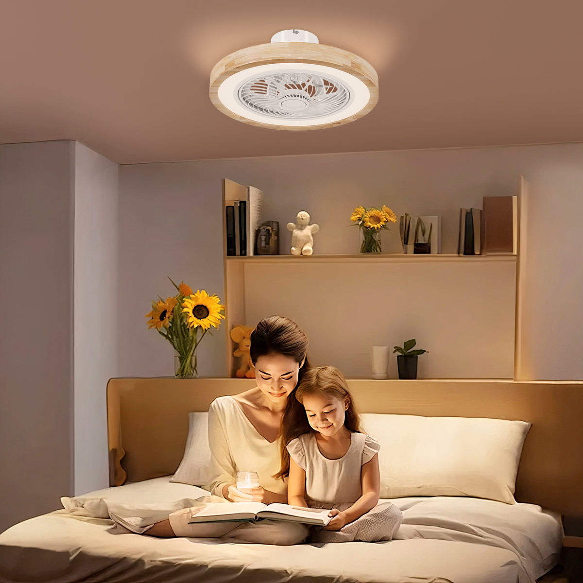 Ventilateur de plafond réversible avec lumière et télécommande 6 vitesses, minuterie, luminosité réglable, bois naturel-1