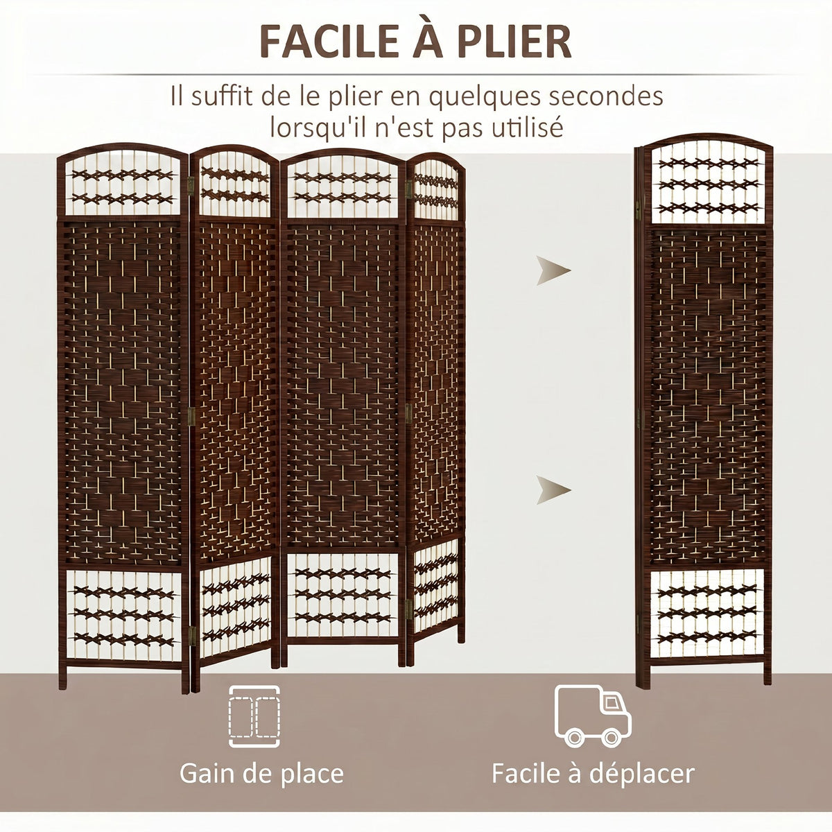 Paravent intérieur en bois séparateur de pièce cloison pliable 4 panneaux 160 x 170 cm marron-3