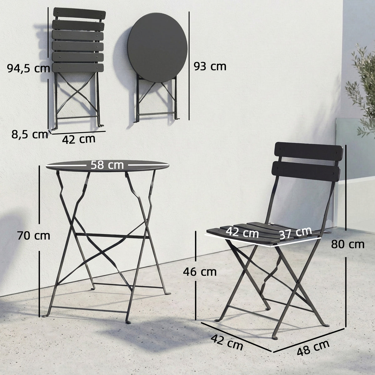 Ensemble Bistrot de Jardin 3 Pièces Table et 2 Chaises Pliantes à Lattes Double Protection Antirouille Noir-2