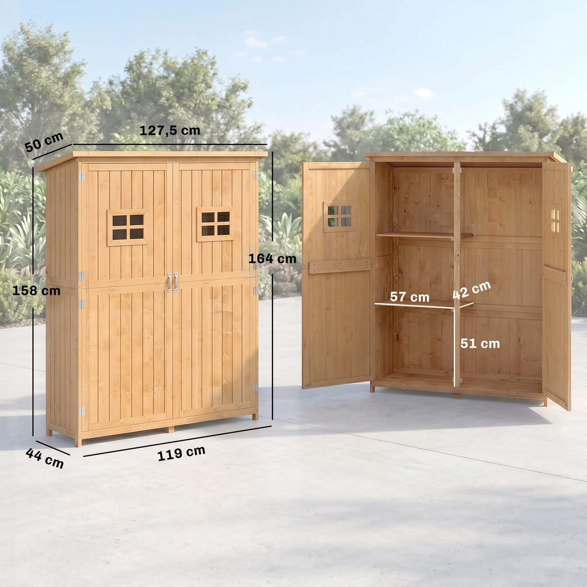 Abri de Jardin en bois Armoire de Jardin dim. 127,5L x 50l x 164H cm 2 étagères 2 Portes 2 fenêtres Toit bitumé étanche Bois Massif Sapin pré-huilé bois naturel-2