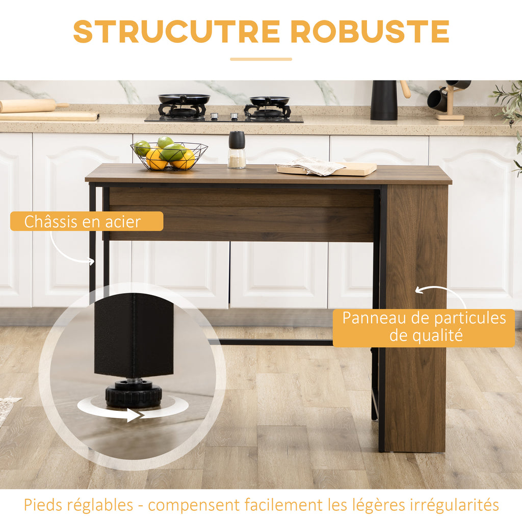 Ilot centra table de bar plateau latéral  rabattable et 3 étagères 120 x 76 x 91,4 cm marron-5