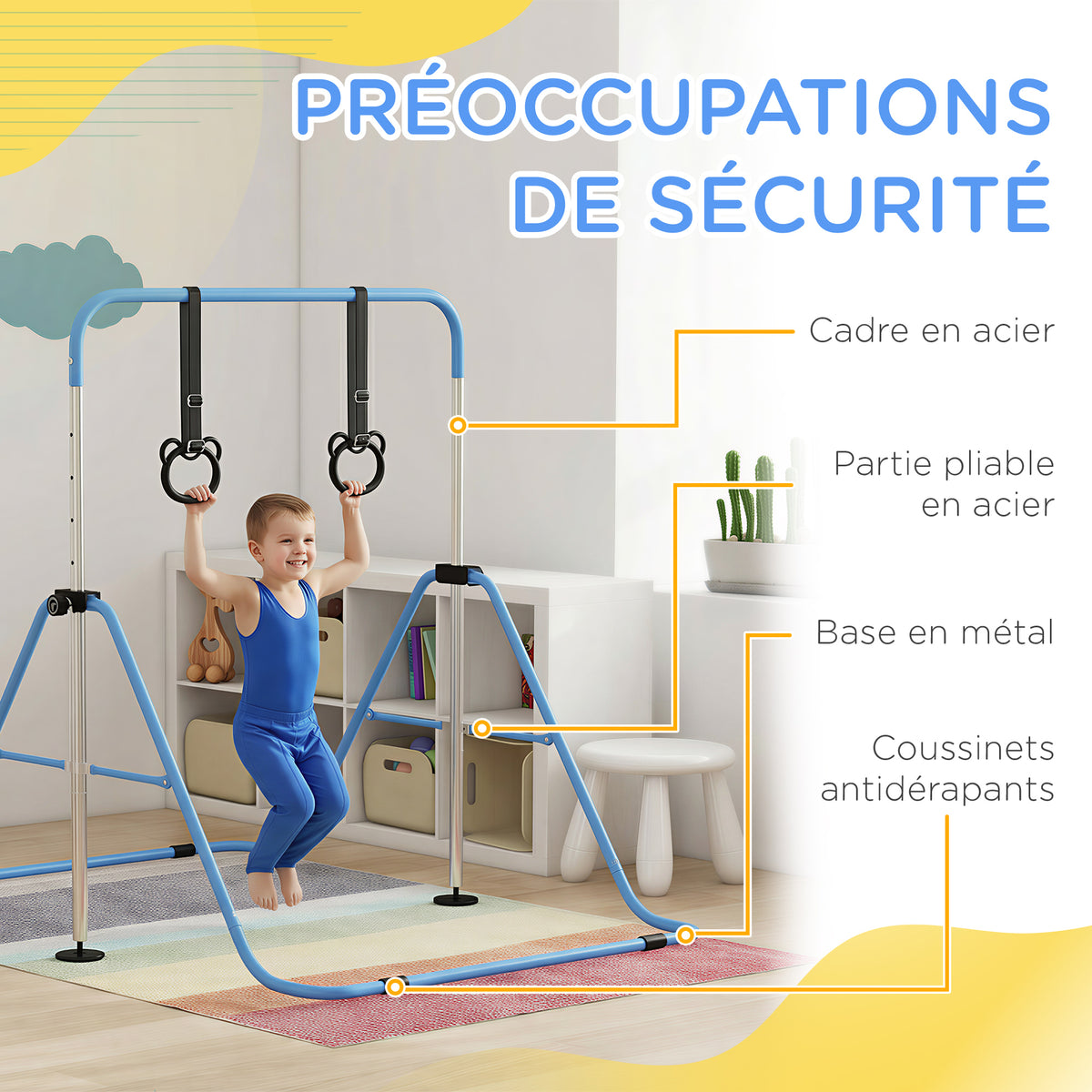 Barre de gymnastique pour enfants, barre horizontale pliable à hauteur réglable avec anneaux de gymnastique, bleu-4