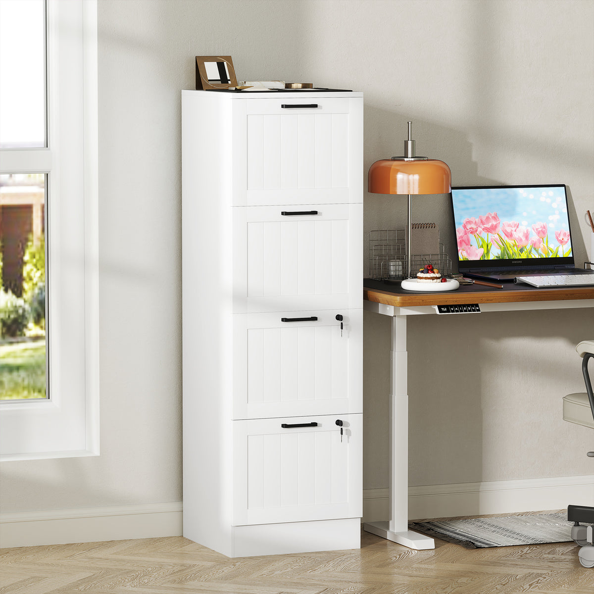 Caisson bureau, meuble rangement bois 4 tiroirs et serrure, barres de suspension réglables, 40 x 40 x 131 cm, blanc-1