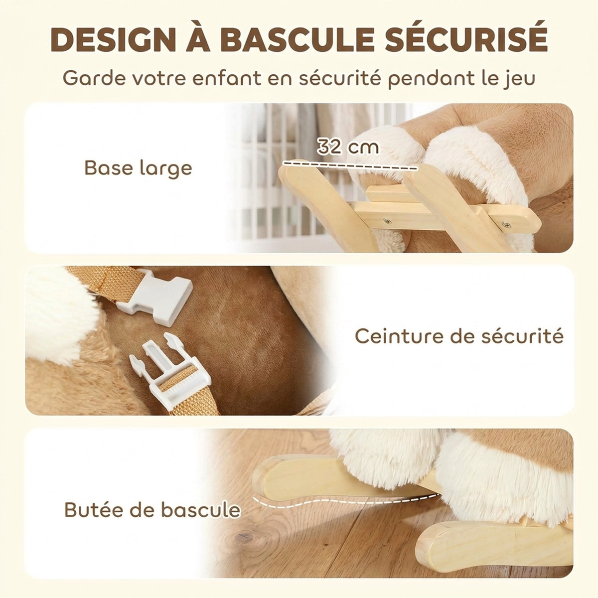 Cheval à Bascule pour Enfants, Animal à Bascule Bébé en Peluche avec Sons, Ceinture de Sécurité, 18-36 Mois, Marron-4