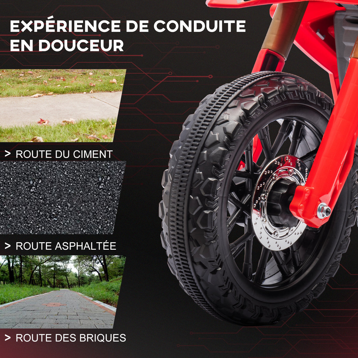 Moto cross électrique pour enfants 3-8 ans, batterie 6 V, 2 moteurs, klaxon et roues d'entraînement, charge 30KG, rouge-6