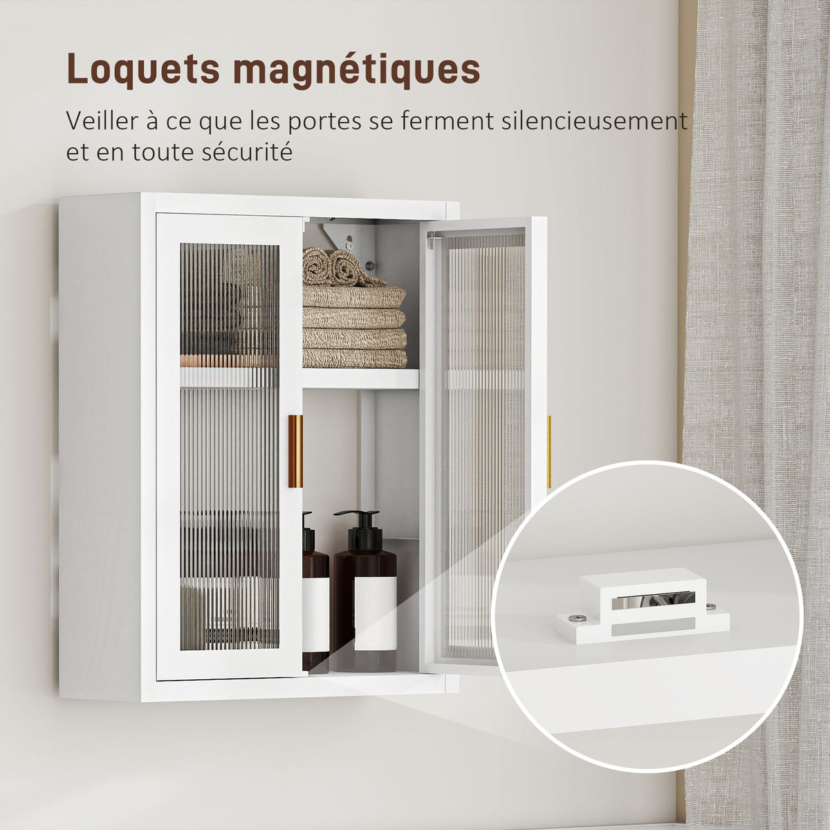 Armoire murale de salle de bain, meuble haut salle de bains avec 2 portes cannelées, étagère réglable, 40x14x50cm, blanc-7