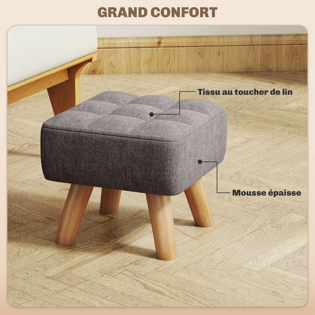 Repose pied salon ottoman siège rembourré en tissu avec pieds en bois 27 x 27 x 26 cm gris-4