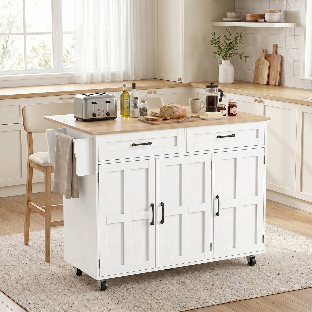 Îlot de cuisine avec plateau rabattable, chariot à roulettes 2 tiroirs, 3 portes, porte-racks et porte-serviettes, blanc-1