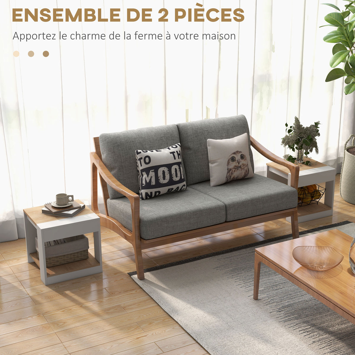Lot de 2 tables d'appoint bout de canapé table de chevet 40 x 40 x 45 cm - blanc et naturel-3