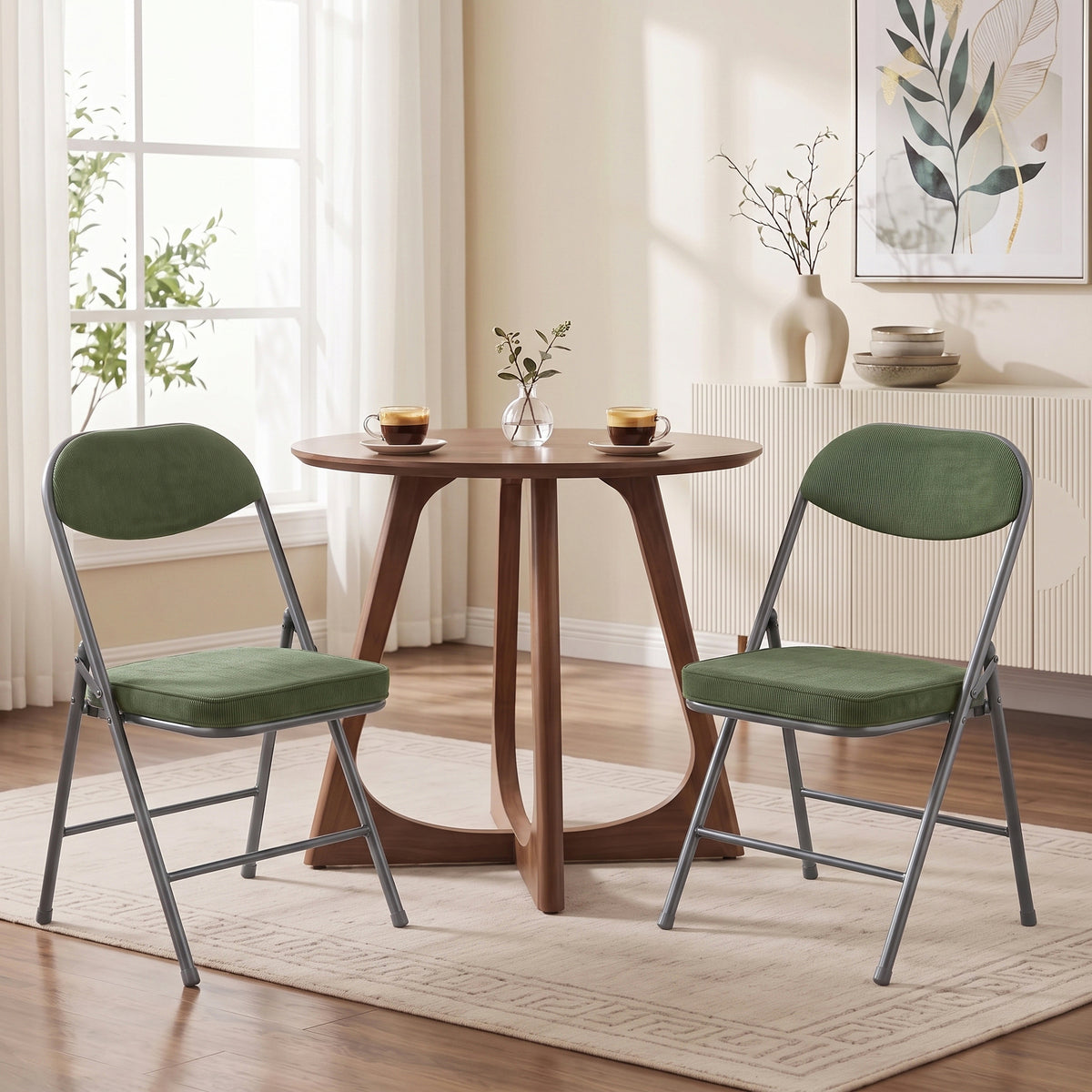 Lot de 2 chaises pliantes chaises de salle à manger portables avec assises et dossiers rembourrés en velours côtelé vert-1