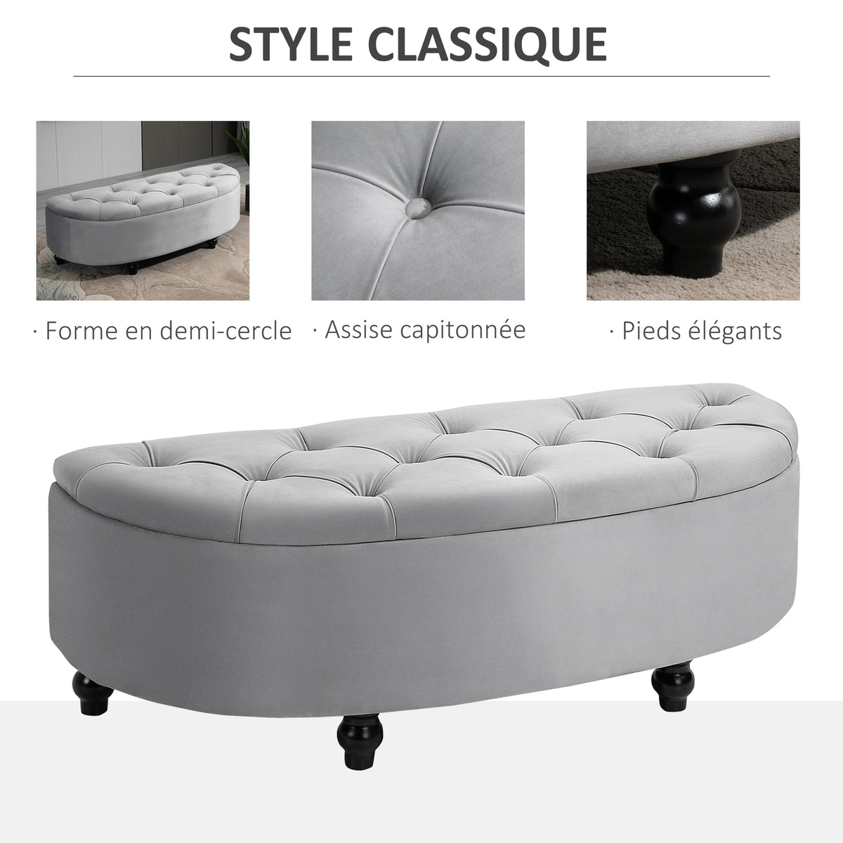 Banc de rangement, coffre de rangement design capitonné demi-cercle bout de lit avec revêtement velours, pieds en bois d'hévéa, pour salon, chambre, entrée, 120 x 46 x 42 cm, gris-3