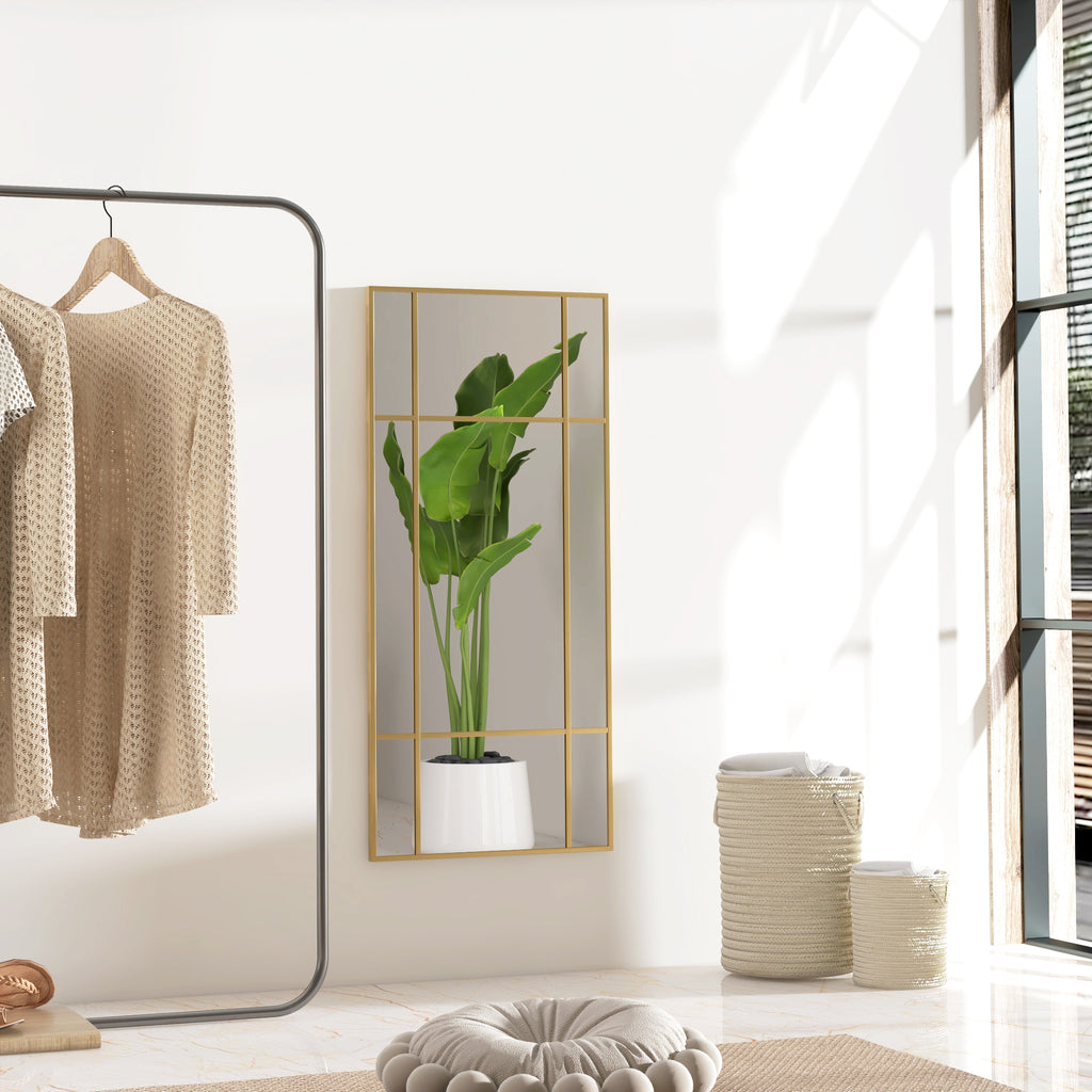 Miroir mural verrière rectangulaire style fenêtre, horizontal ou vertical avec 4 crochets, en métal doré - 110x50 cm-1