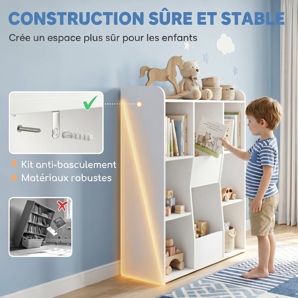 Meuble rangement enfant, bibliothèque enfants avec 8 compartiments et étagère supérieure, 104 x 29 x 101,5 cm, blanc-5