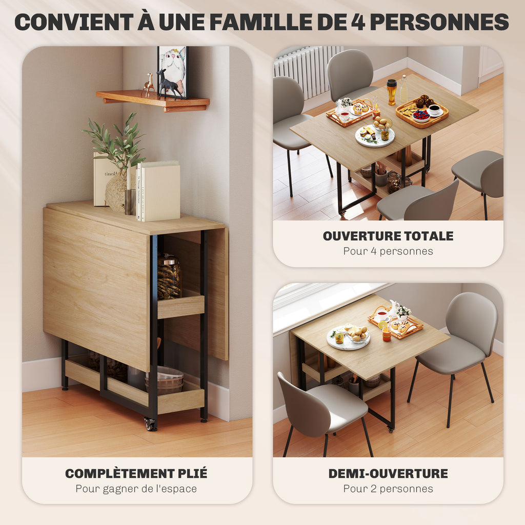 Table à manger pliante sur roulettes 4 personnes avec compartiments ouverts, pour petits espaces, salle à manger, chêne-3