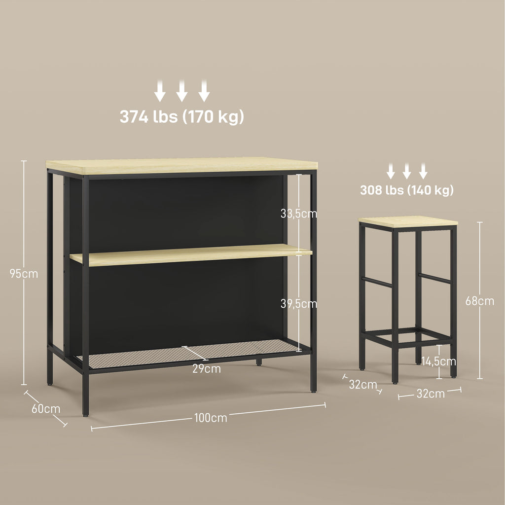 Ensemble table de bar et 2 tabourets style industriel avec étagère de rangement, repose-pieds, métal noir et aspect bois-2