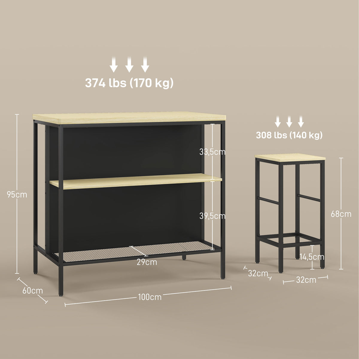 Ensemble table de bar et 2 tabourets style industriel avec étagère de rangement, repose-pieds, métal noir et aspect bois-2