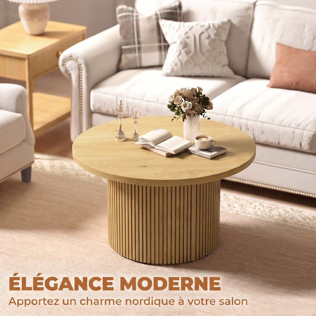 Table basse ronde en bois, table de salon avec piètement cannelé, style moderne, effet bois naturel-3