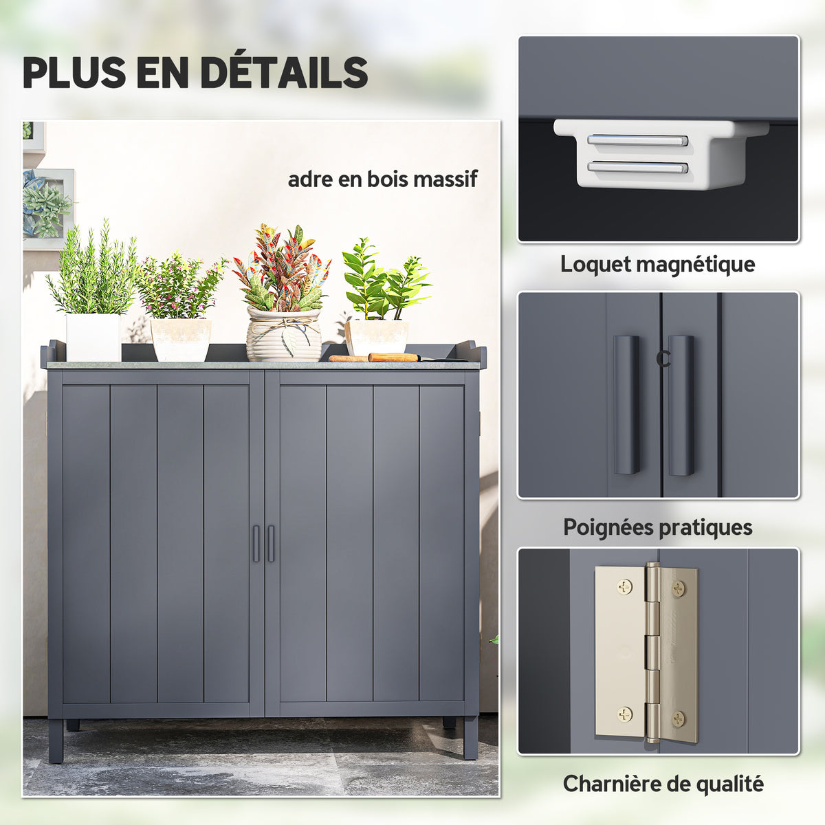 Armoire de rangement de jardin sur pied, table de rempotage 2 en 1 double porte, étagère, plateau métal galvanisé - gris-5