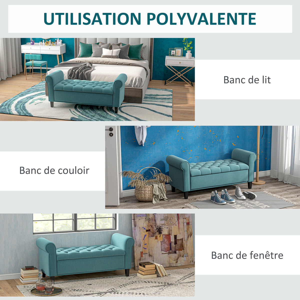 Banc de rangement bout de lit avec accoudoirs, tissu velours rembourré et capitonné, 126 x 48,5 x 57 cm, vert-6