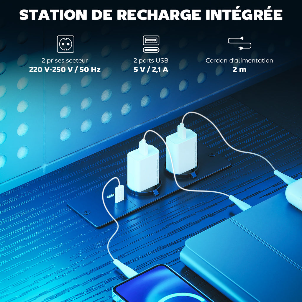 Bureau Gaming d'Angle 165 x 80 cm, Éclairage LED et Station de Charge, Support pour 2 Écrans et 2 Tiroirs en Tissu, Noir-4