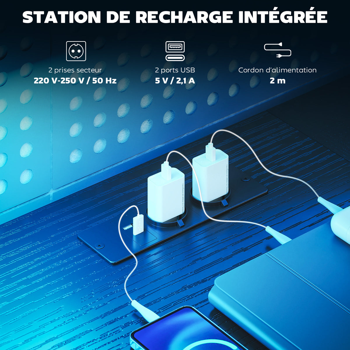 Bureau Gaming d'Angle 165 x 80 cm, Éclairage LED et Station de Charge, Support pour 2 Écrans et 2 Tiroirs en Tissu, Noir-4