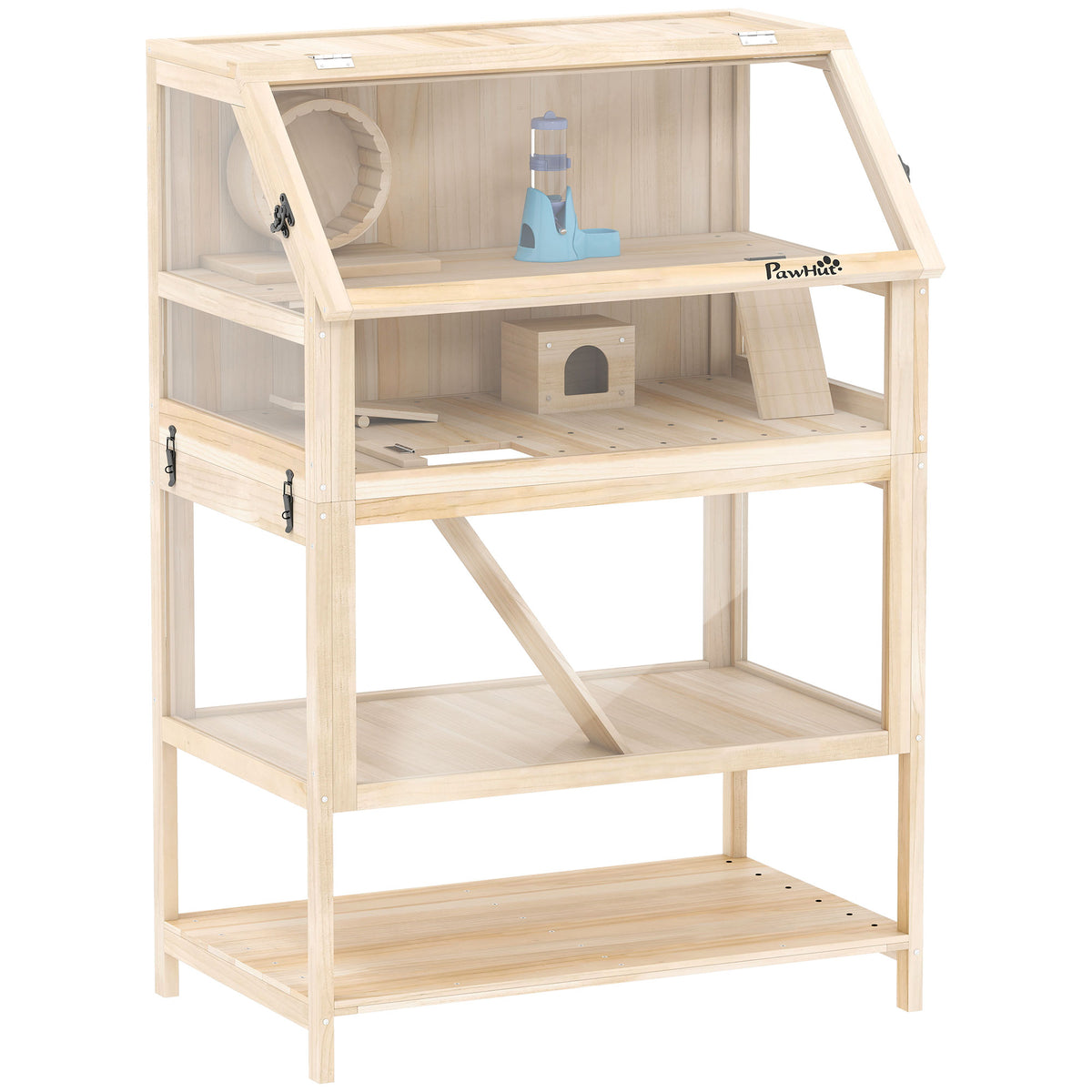 Cage pour hamster habitat pour rongeur 3 étages avec panneau acrylique et roue 80x53x117cm effet bois naturel-0