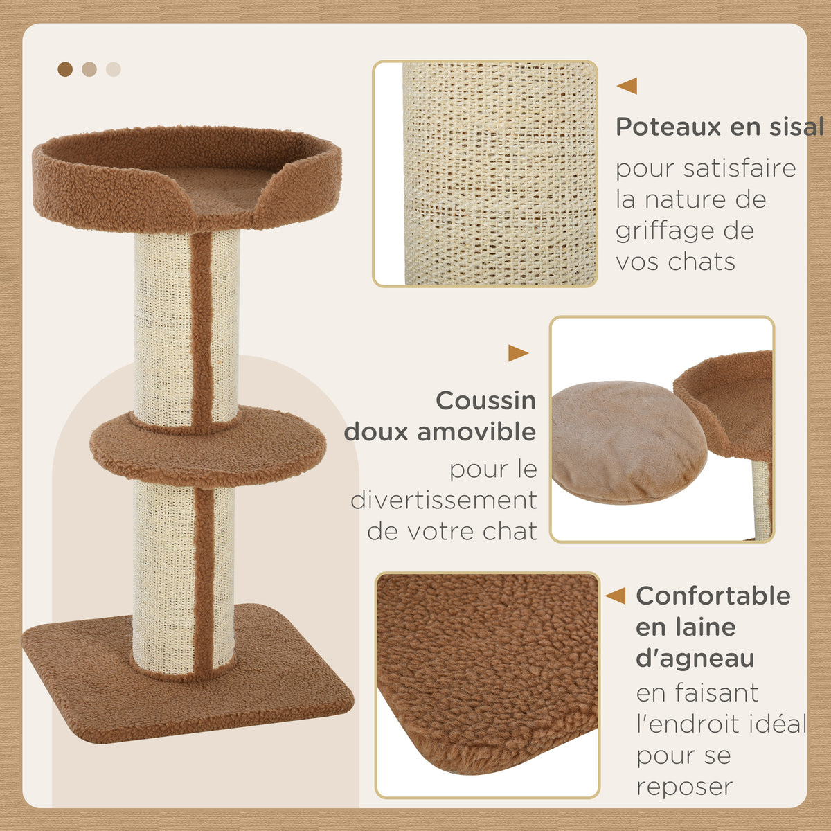Arbre à chat avec griffoir centre d'activités 2 plateformes coussin marron clair-4