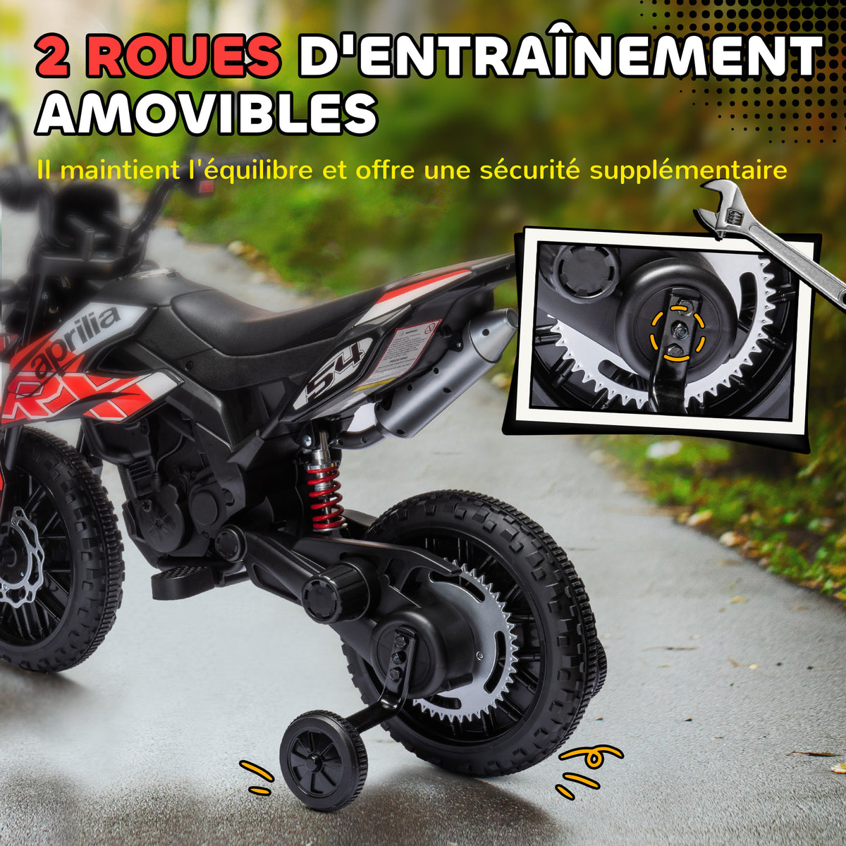 Moto électrique enfants sous licence Aprilia avec 2 moteurs 12V, roues d'entraînement, lumière LED, musique - rouge-4