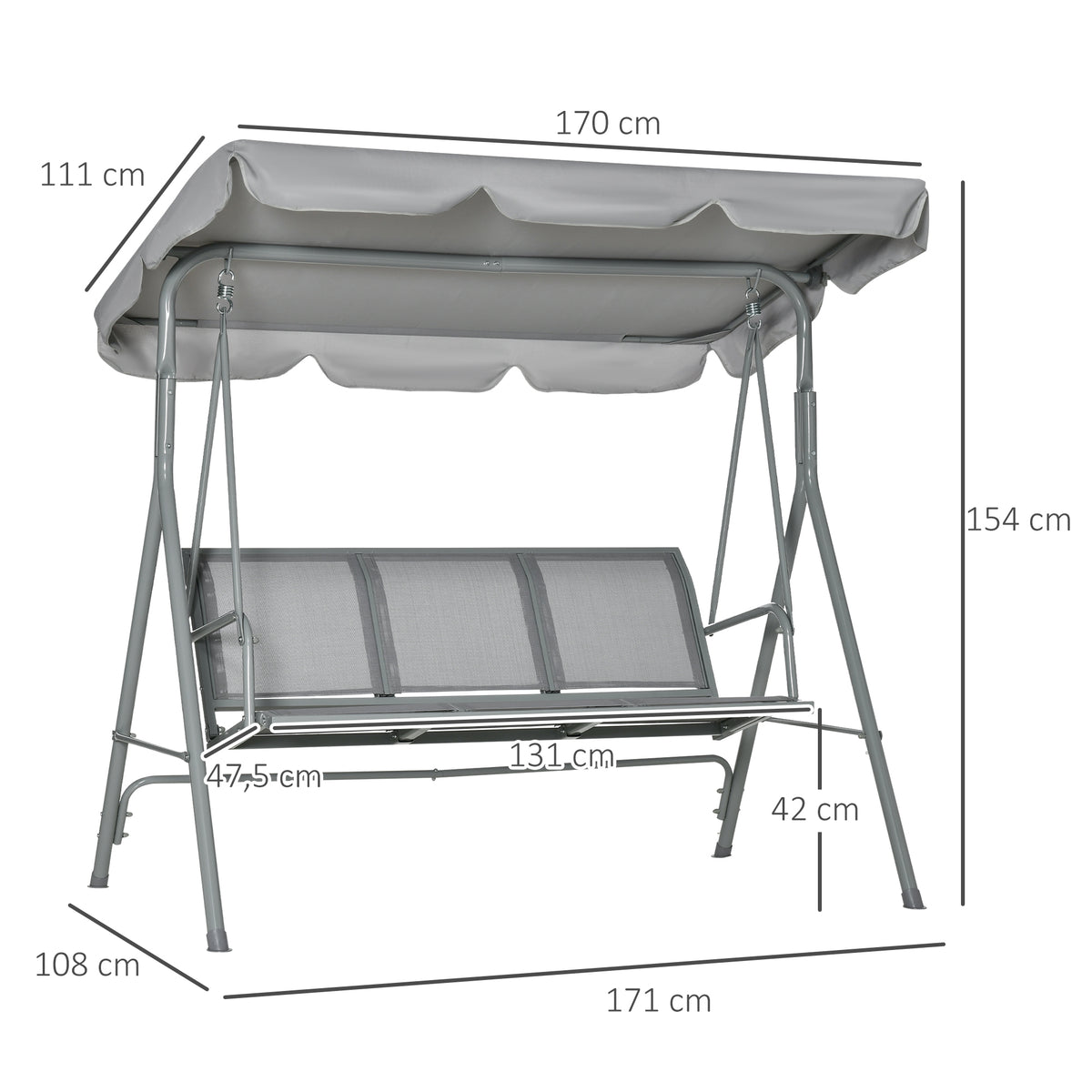 Balançoire de jardin 3 places Hollywoodschaukel avec toit en métal gris+argent 170 x 110 x 153 cm-2