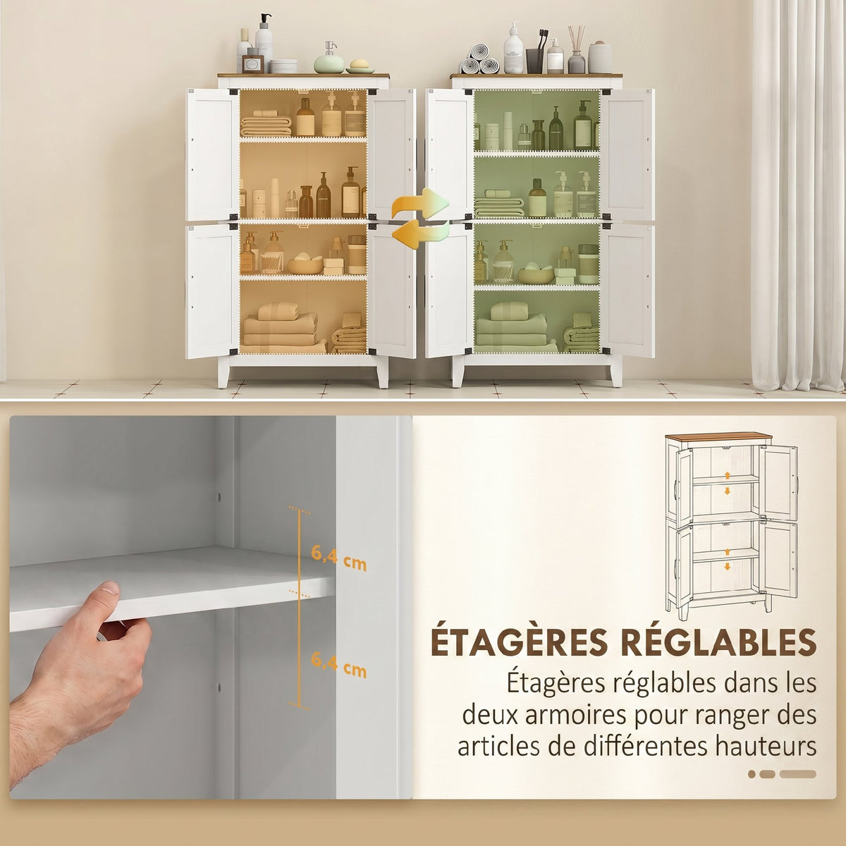 Meuble de salle de bain, meuble de rangement étroit avec 4 portes de grange et étagères réglables, blanc-3
