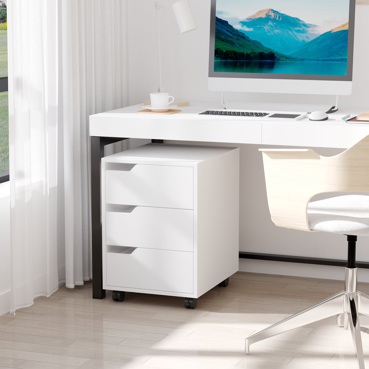 Caisson bureau mobile avec 3 tiroirs, meuble rangement bureau sur roulettes pour documents et imprimante, caisson de rangement compact pour travail ou chambre, 40x50x57,5cm, blanc-1
