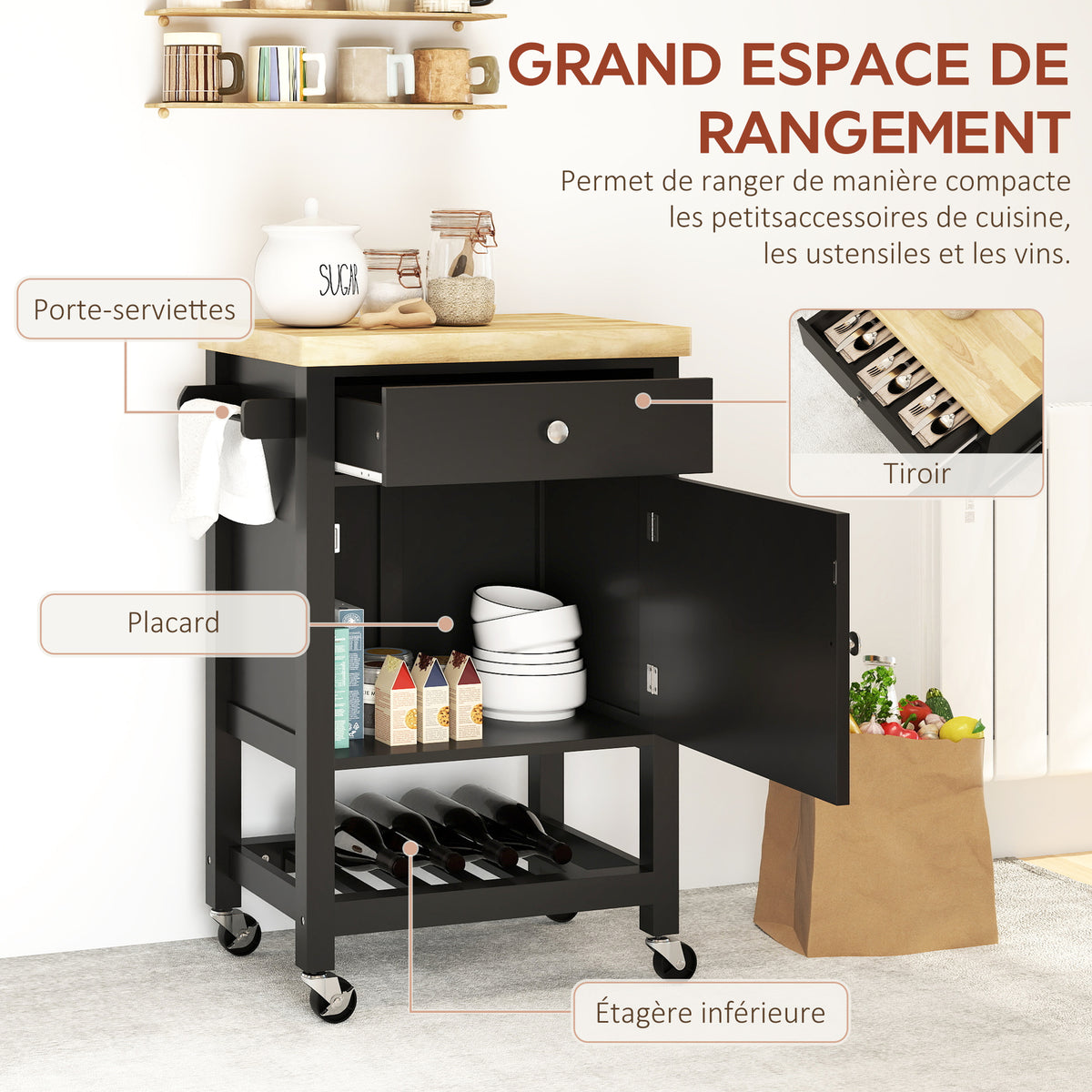Desserte de cuisine à roulettes, chariot de service, plan de travail en bois d'hévéa, tiroir, 63,5 x 40 x 90 cm, noir-3