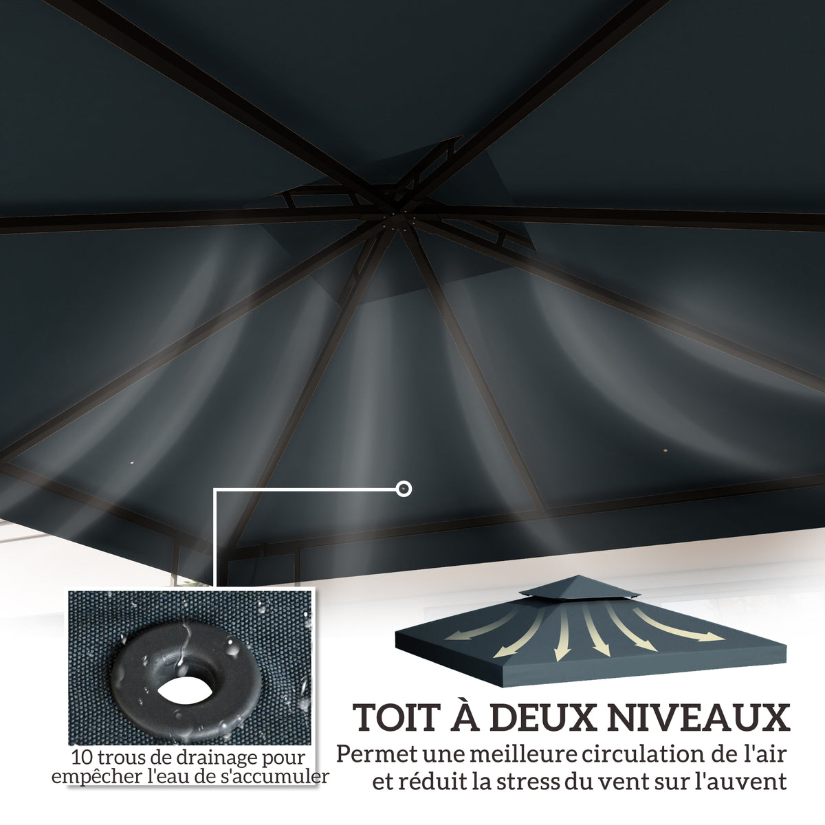 Toile de rechange pour pavillon tonnelle tente 3 x 3 m polyester haute densité 180 g/m² gris foncé-3