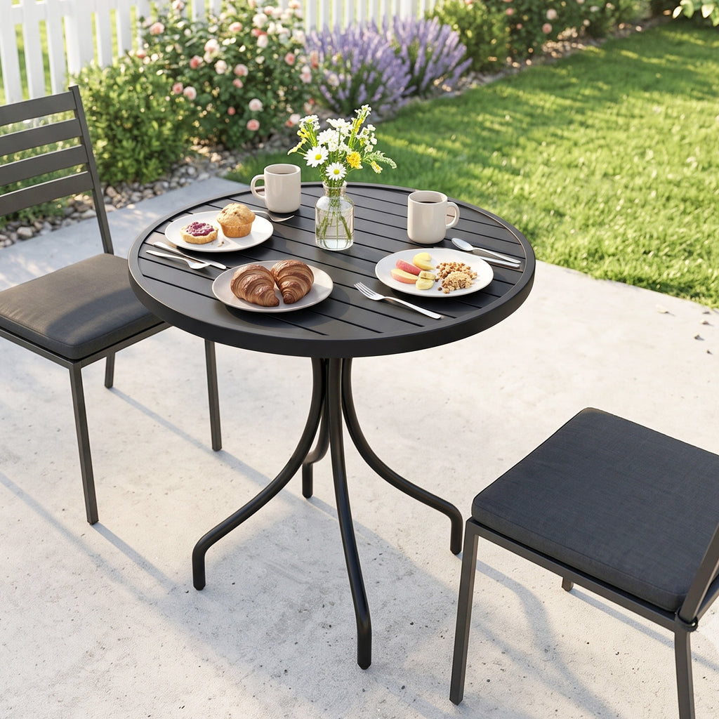 Table de Bistrot Ronde Ø 66 cm en Acier Galvanisé avec Plateau à Lattes pour Terrasse, Balcon, Noir-8