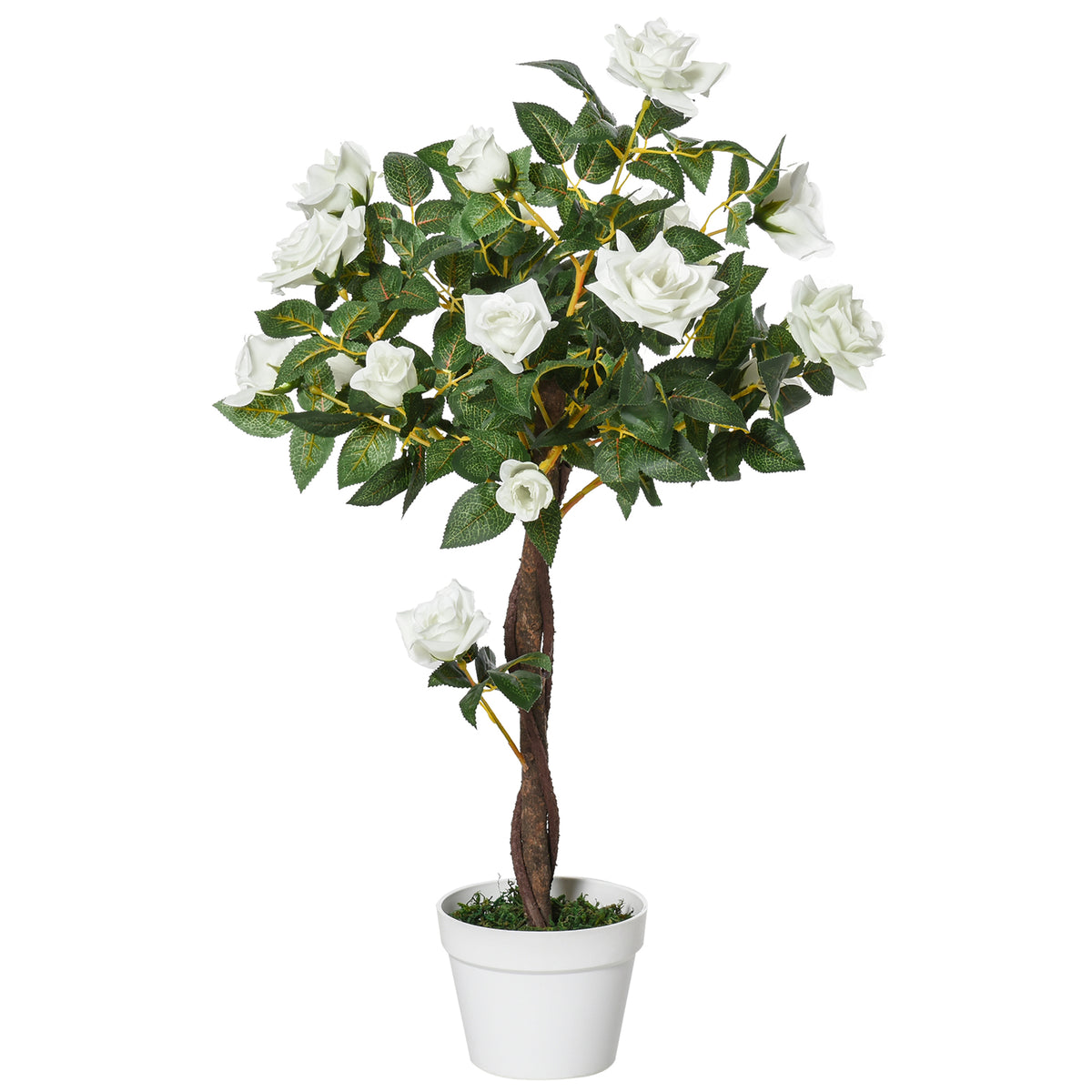 Arbre à Roses Artificiel 90 cm en Plastique, 21 Fleurs, 350 Feuilles en Tissu, Pot, Facile à Entretenir, Blanc-0