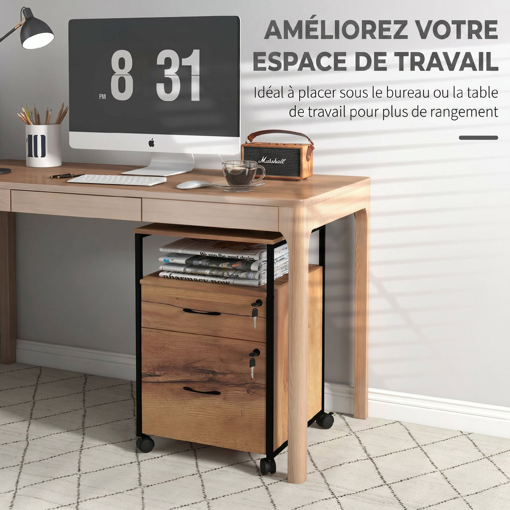 Caisson bureau mobile avec 2 tiroirs, meuble rangement bureau sur roulettes avec barres pour dossiers, marron-3