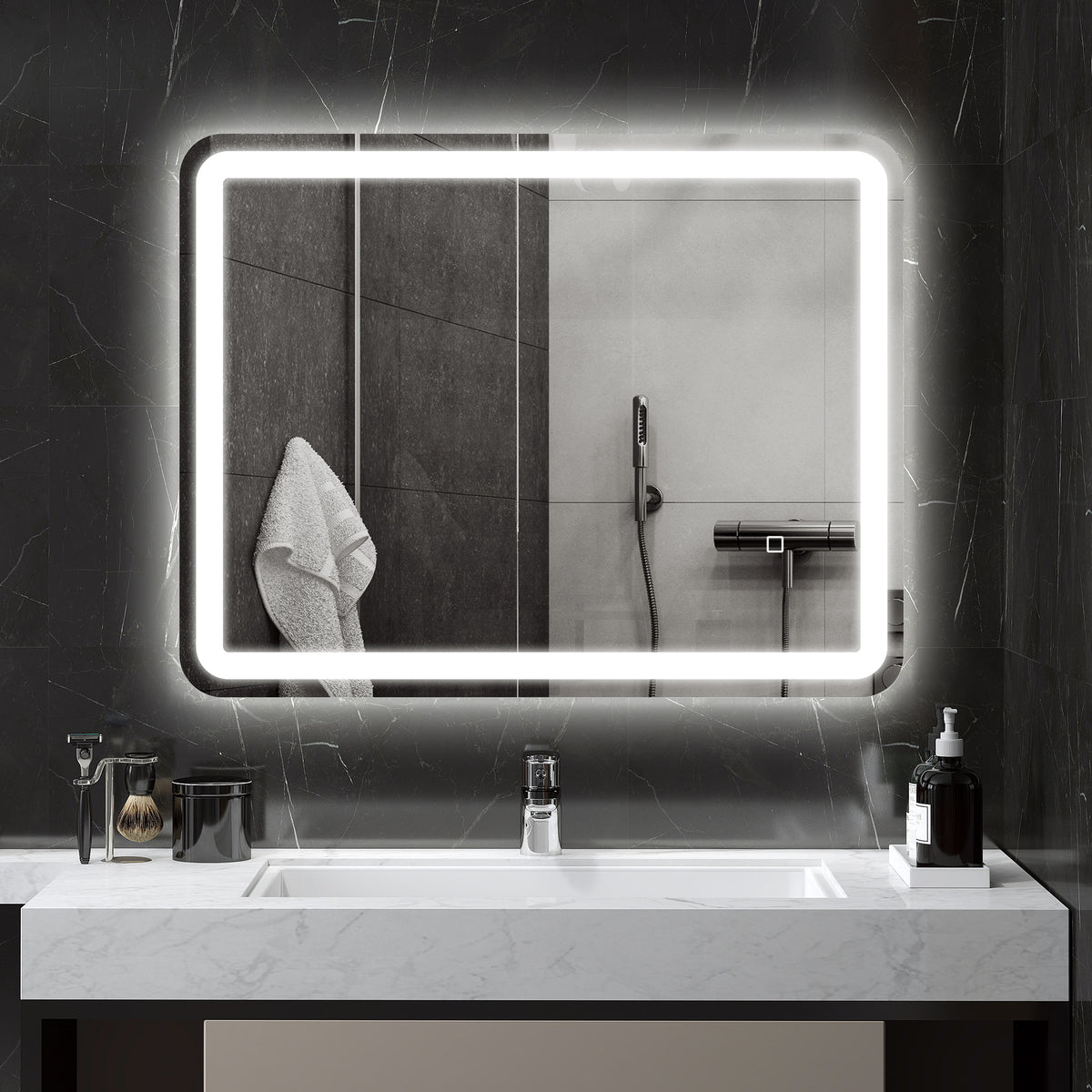 Miroir de salle de bain rectangulaire LED fonction anti-buée luminosité réglable fonction mémoire 70 x 90 cm argent-1