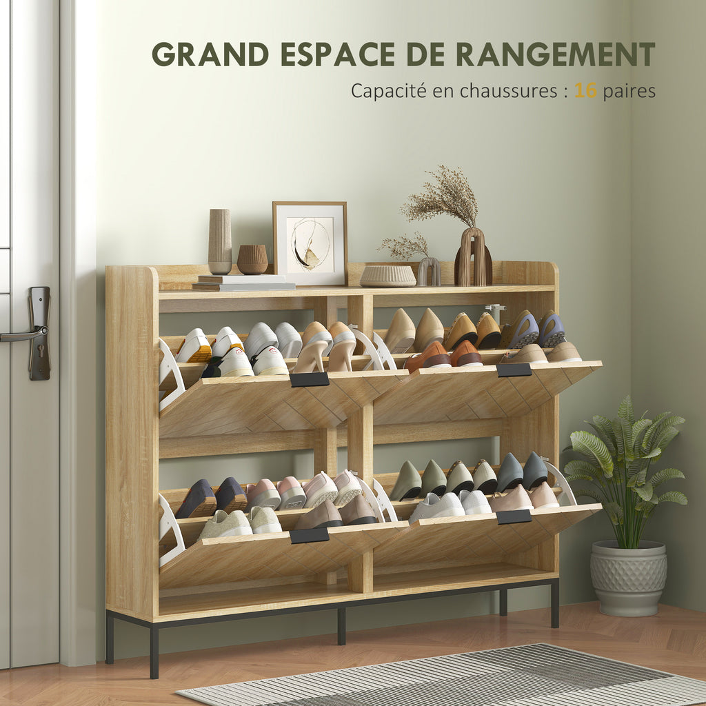 Meuble à chaussures 16 paires avec 4 tiroirs, portes rabattables, étagères réglables, 110 x 23,5 x 95,5 cm, chêne-3