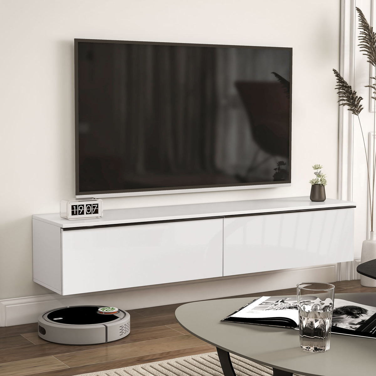 Meuble TV suspendu avec placard, pour téléviseurs jusqu'à 70 pouces, effet brillant, blanc-7