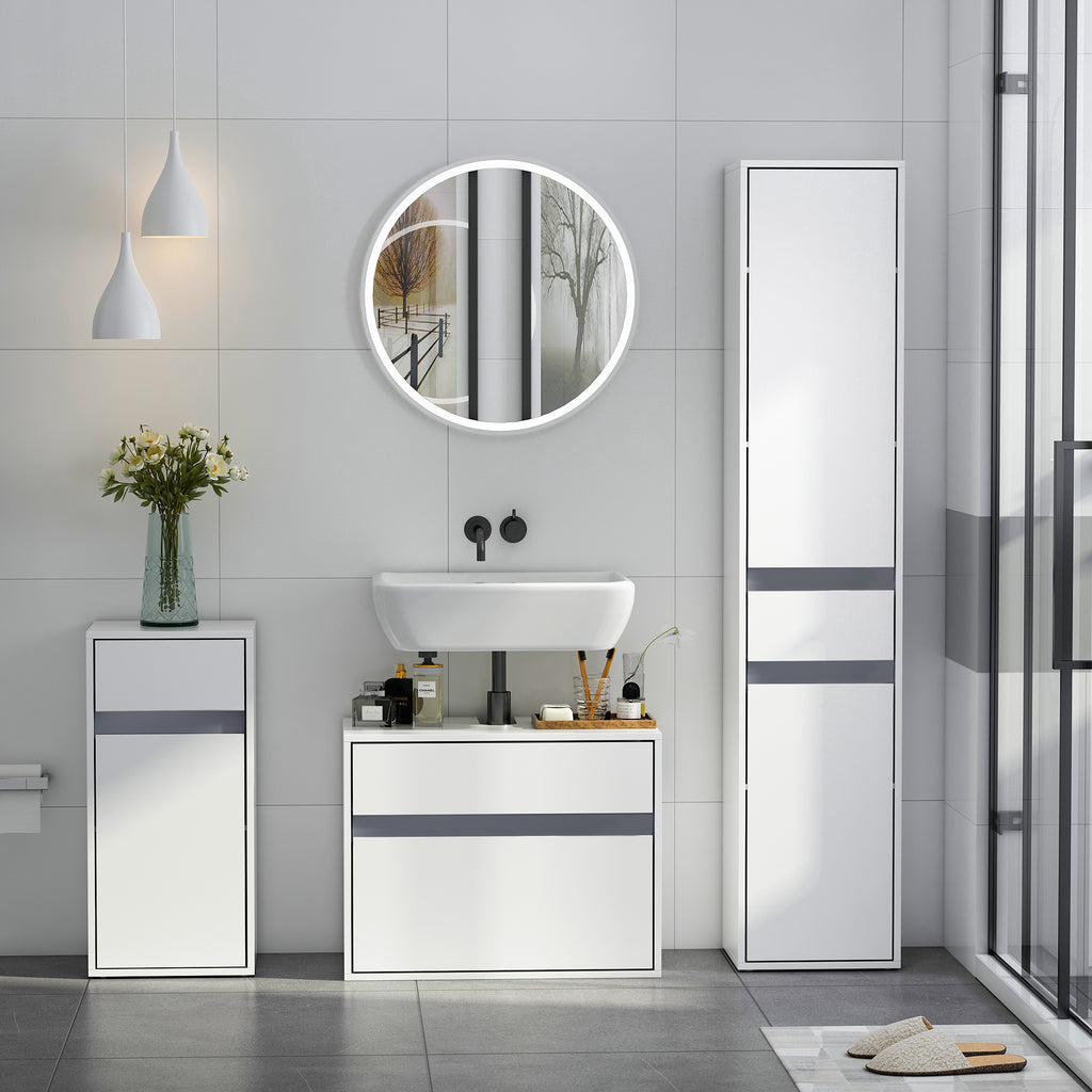 Meuble Colonne Rangement Salle de Bain Style Contemporain 2 placards 3 étagères et tiroir Coulissant Panneaux Particules Blanc-3
