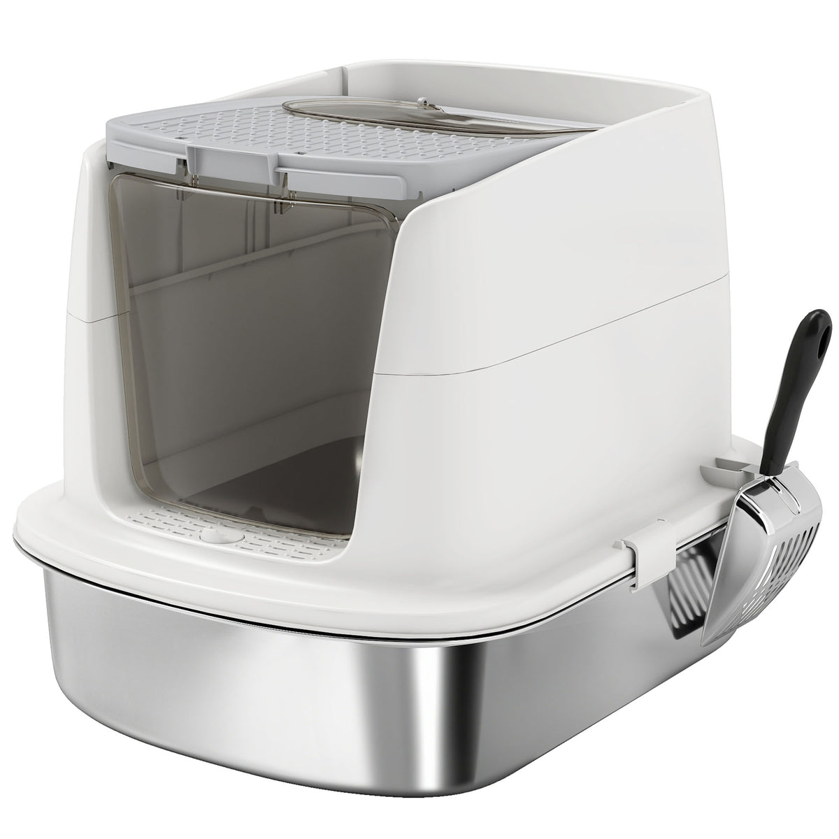 Bac à Litière Fermé en Inox, Couvercle Amovible, Entrée Frontale et Sortie Supérieure, Pelle, 52,4x41,3x39,8cm, Blanc-0