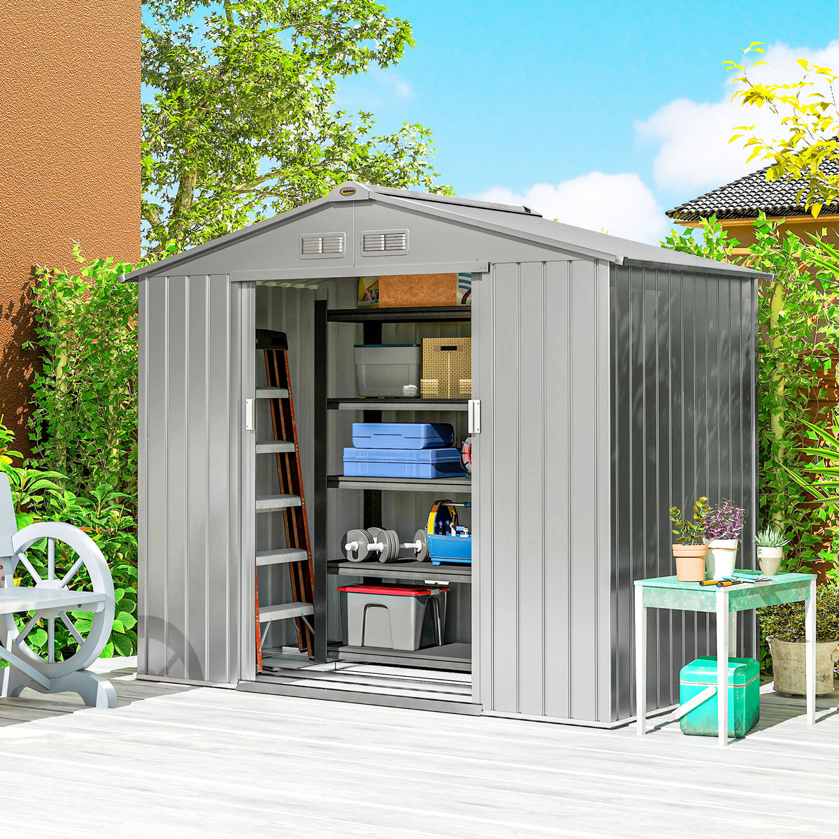 Abri de Jardin 2,42 m² - Remise pour Outils avec Kit de Fondation - Cabanon Porte Verrouillable - Tôle d'Acier Gris-1