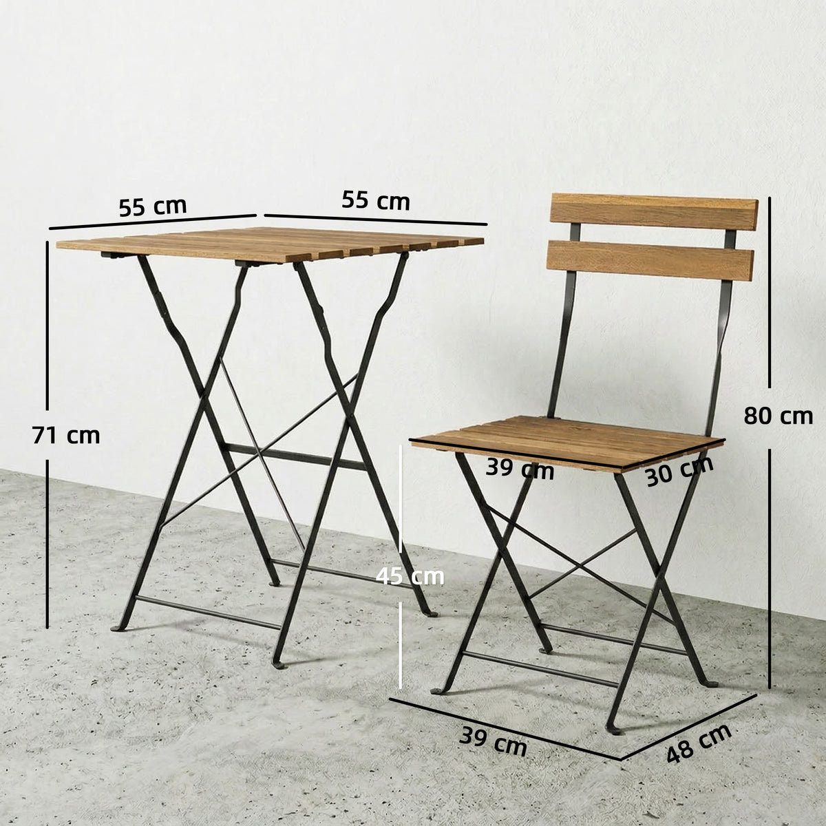 Ensemble de Salon de Jardin Bistrot 3 Pièces, 2 Chaises Pliantes, Table Carrée en Bois d'Acacia, 55x55x71cm, Naturel-2