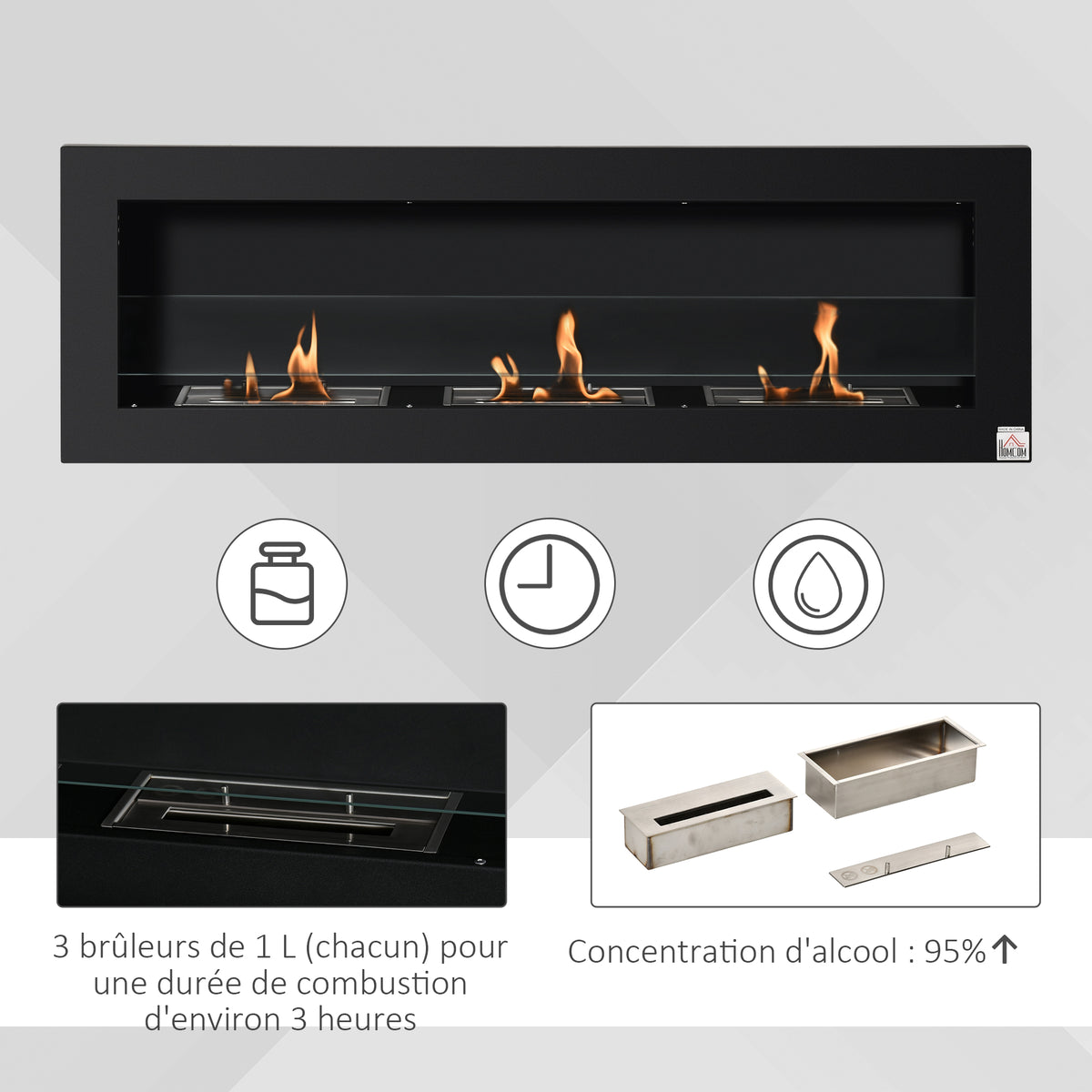 Cheminée bioéthanol Murale encastrable 3 brûleurs 3 L au total, environ 3 h de durée de combustion, dims. 120L x 15l x 40H cm, acier inox noir-4