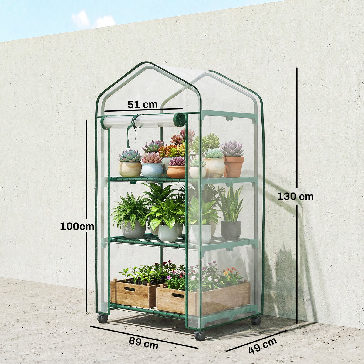 Mini serre de jardin avec 3 étagères, bâche PVC haute densité, porte enroulable 4 roulettes 69 x 49 x 130 cm transparent-2