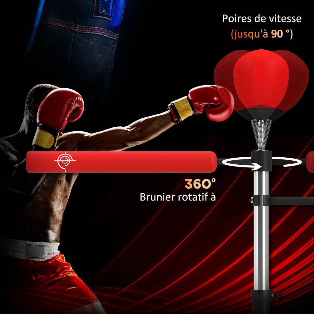 Sac de frappe sur pied 4 en 1 punching ball autonome balles de vitesse barre rotative gants 88 x 50 x 160-230 cm rouge-3