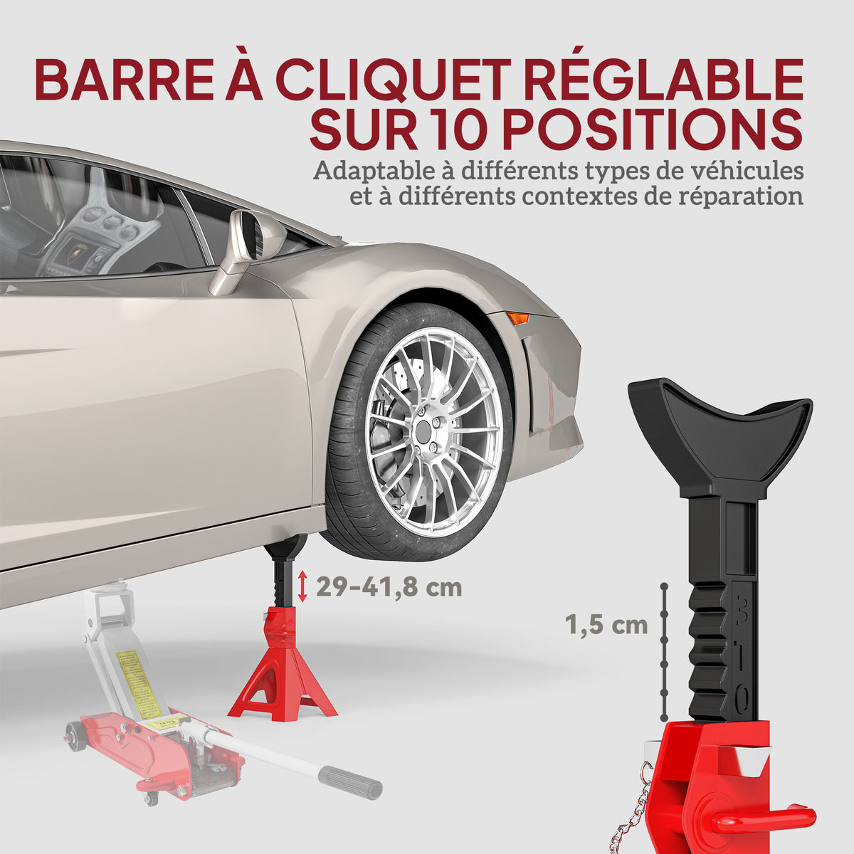 Lot de 2 chandelles voiture chandelles de levage capacité 3 tonnes hauteur réglable 290-418mm goupille de sécurité rouge-3