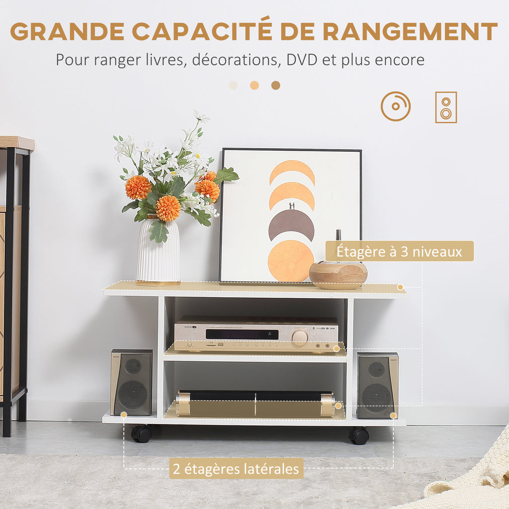 Meuble TV avec Roulettes 80 cm, Meuble Télé pour Téléviseur jusqu'à 42 Pouces avec Étagères Ouvertes, Style Moderne, Banc TV pour Salon, Chambre, Blanc-3